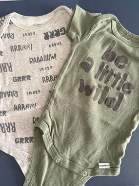 Gerber Baby Onesies Green & Gray “Be a Little Wild” & “GRRR”, Set of 2, 0-3 Mos